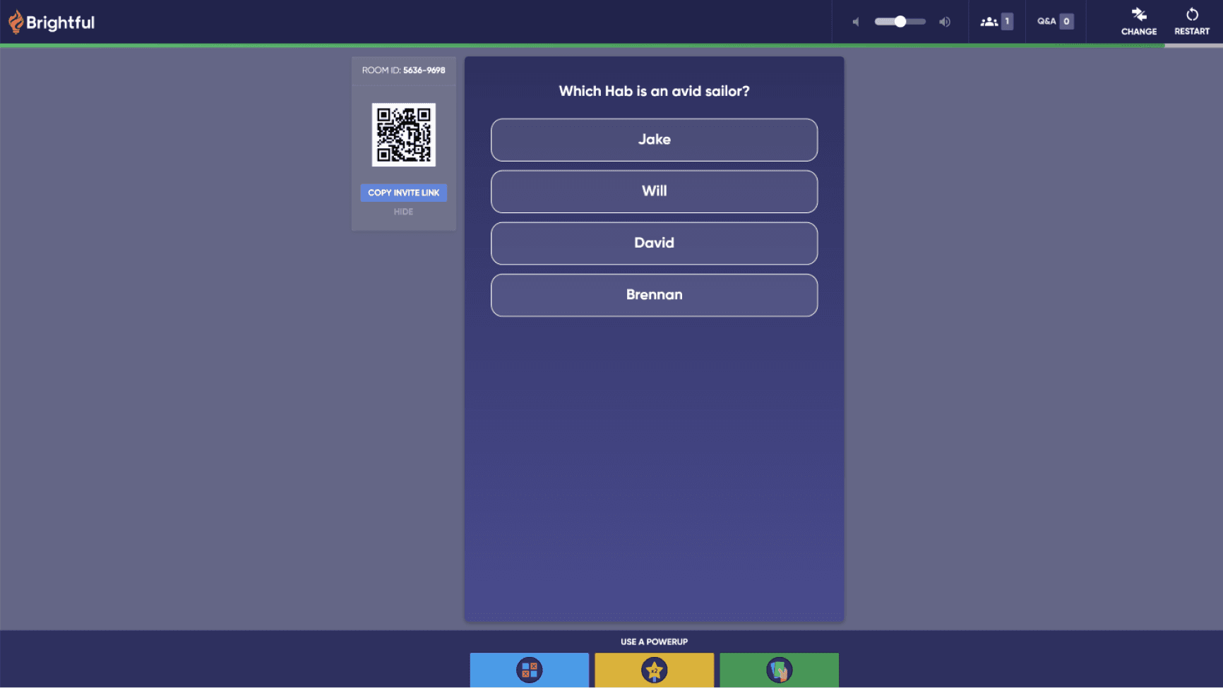 Screenshot of Brightful's trivia tool. The question is asking which Hab is an avid sailor.