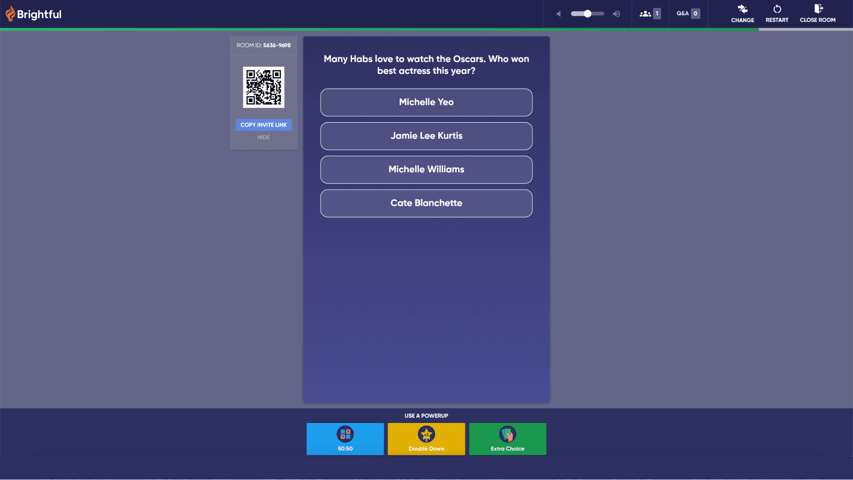 Screenshot of Brightful's trivia tool. The question is asking who won best actress for the oscards.