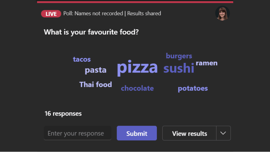 Microsoft Teams's Poll App showcasing a word cloud.
