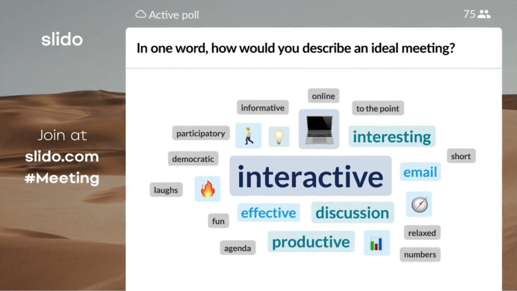 A word cloud created from the question 'in one work, how would you describe an ideal meeting' in Slido.
