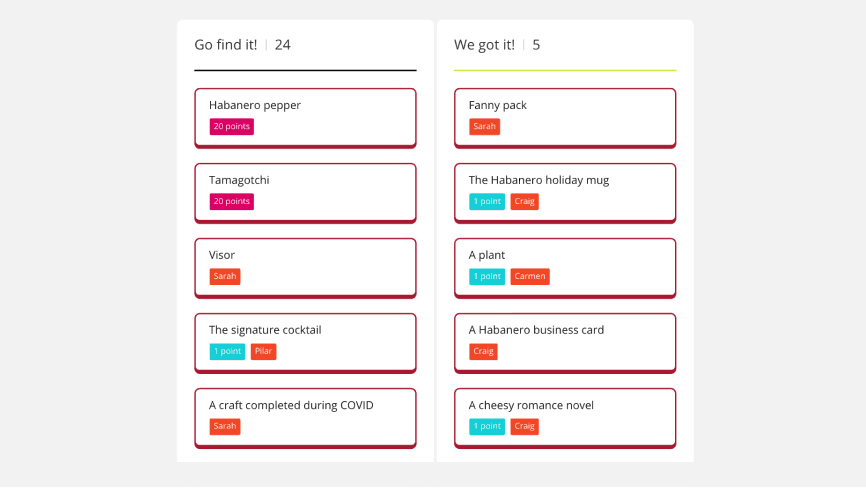 Image from Habanero's Miro board for the virtual scavenger hunt activity, showing examples of items that were included in the game.