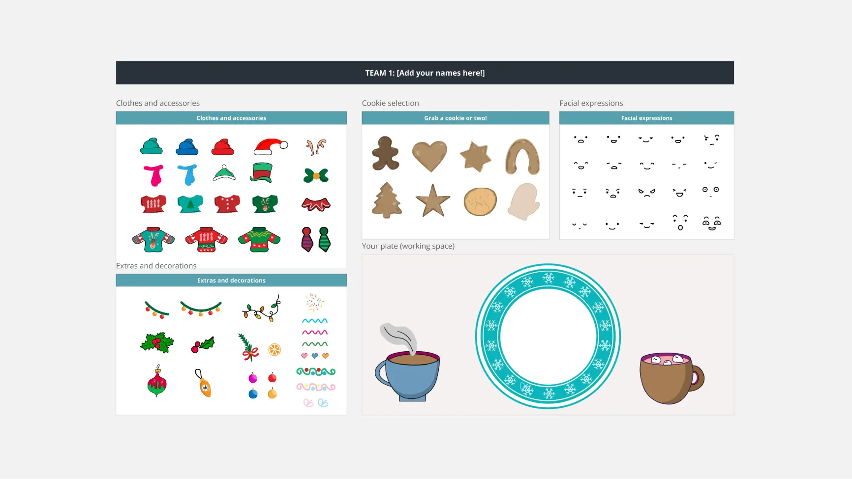 Miro board with options to decorate cookies, including clothing, facial expressions, and more